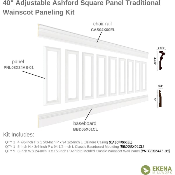 94 1/2L (Adjustable 40H To 44H) Ashford Square Panel Traditional Wainscot Paneling Kit